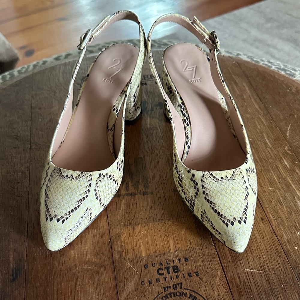 27 EDIT Cream Snakeskin Slingback Heels